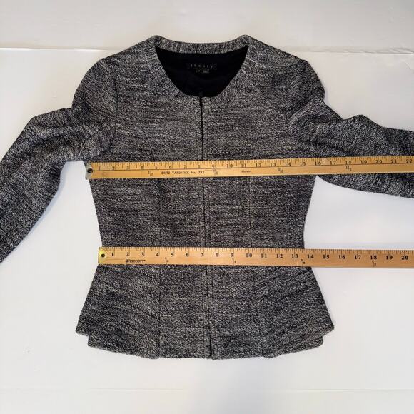 Theory Jondi Size 6 Tweed Knit Jacket Gray Black Open Front Work Blazer Peplum - Picture 6 of 10